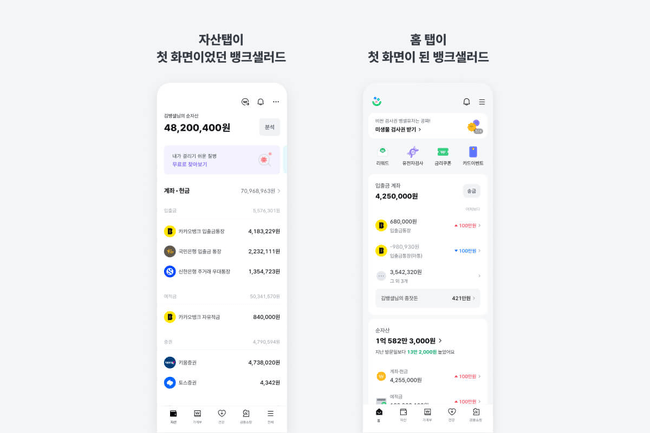 (왼쪽)자산탭이 첫 화면이었던 뱅크샐러드 / (오른쪽)홈 탭이 첫화면이 된 현재의 뱅크샐러드