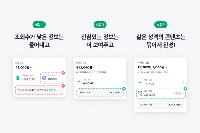 홈 탭 내 지출 관리 섹션 개선 실험 단계